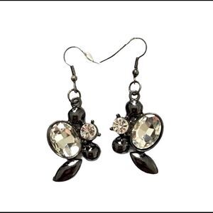 Gunmetal Multi Gemstone Rhinestone Cluster Fish Hook Style Statement Earrings